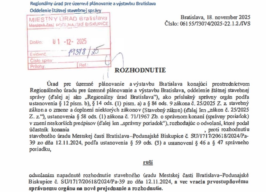 Stavebné povolenie pre technickú stavbu Výmena výťahu a obnova výťahovej šachty bolo zrušené